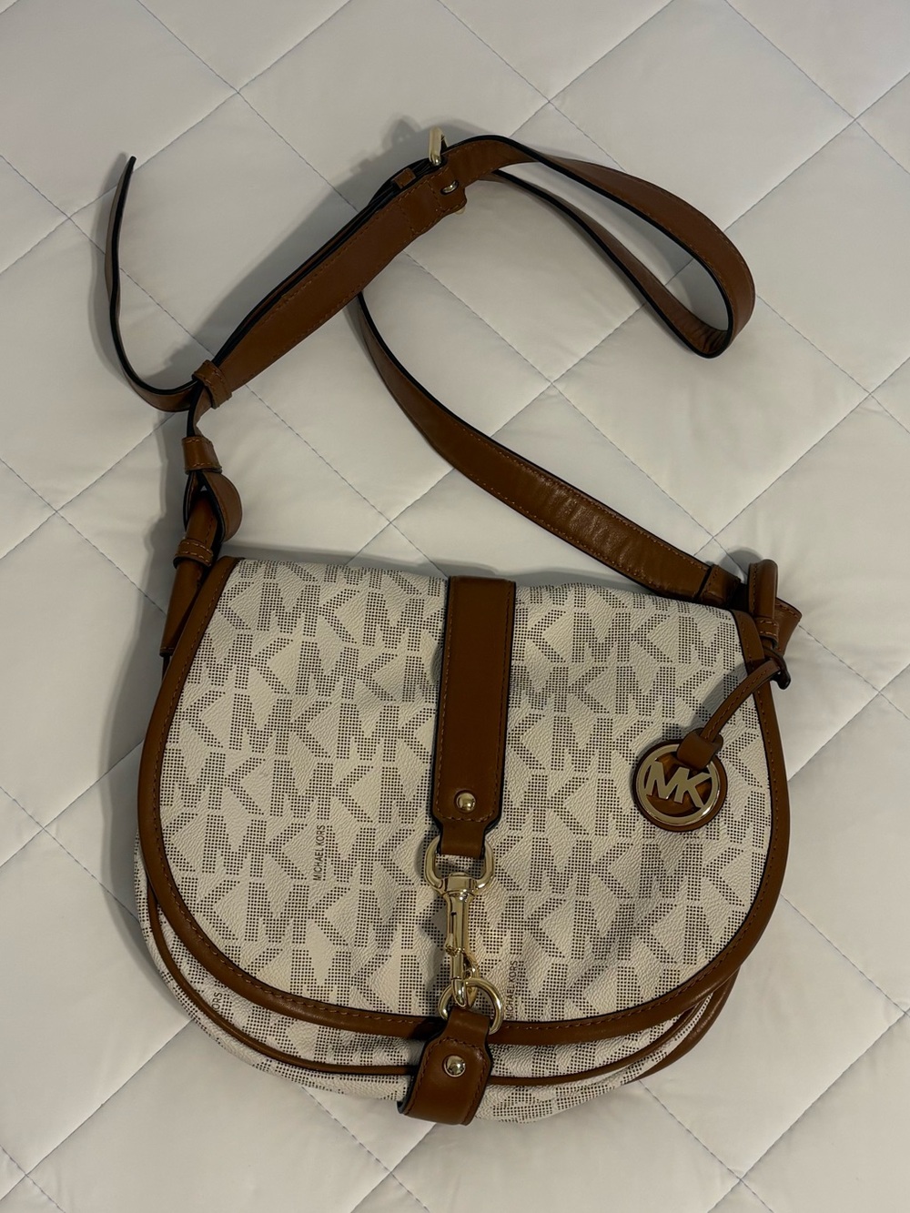 Michael Kors Cream and Brown Signature Saddle Crossbody